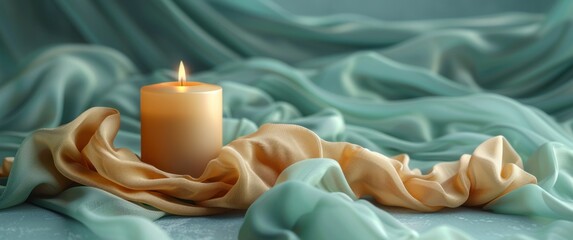 Wall Mural - beige fabric and gold candle on a soft blue
