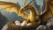 © pixs:sell - A realistic golden dragon is protecting its eggs in the nest