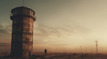 Silhouette Of Barbed Wires And Watchtower Of Prison. Watchtower. A Tall Tower