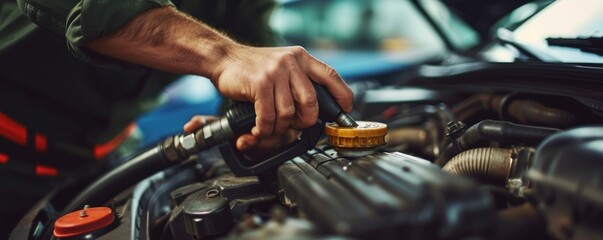 Car mechanic hands changing the fuel filter in garage