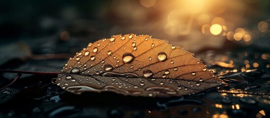 Wall Mural - Close-up of a beautiful leaf covered with sparkling water droplets in the morning sunlight