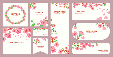 Poster - Sakura cards design. Invitation, flyers and business card template. Blooming japanese flowers branches, peach or cherry blossom, neoteric vector set