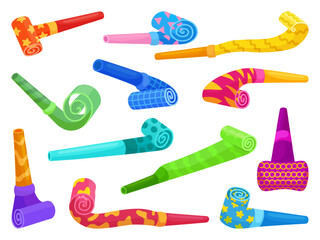 Poster - Birthday celebrating accessories, cartoon blowers. Blower or whistle for fans, childish festive sound toys. Blowing elements, neoteric vector set