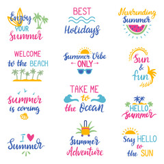 Sticker - Summer calligraphy phrases. Beach vacation, summertime travel hand drawn text. Positive phrase for print, cards, banners. Neoteric vector clipart