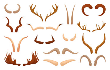 Sticker - Animal antlers. Neoteric vector set animal antlers. Deer and ram horns, isolated horn of moose, reindeer, antelope. Hunters trophy of wildlife animal world, neoteric vector set