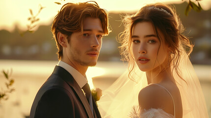 a cinematic portrait of Very Beautiful Young Couple Wedding, gazing at a camera, by the Lakeside at Sunset