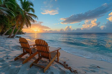 Wall Mural - Amidst the azure ocean and cloud-streaked sky, a couple bask in the warmth of the caribbean sun on a tropical beach, their swimwear reflecting the vibrant colors of the nature around them as they rel