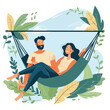 Love couple relaxing in garden hammock. Happy you