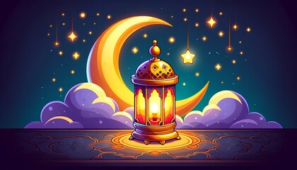 Wall Mural - Cartoon illustration for ramadan with scene of a lantern and crescent moon at night.