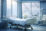 Fototapeta Miasta - habitación de hospital con cama, silla, aparatos médicos, mesa, planta y grandes ventanales con vistas a un bosque nevado al atardecer