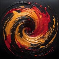 Wall Mural - Abstract Color Dynamics. dramatic and explosive swirl of paint, with vibrant gold and red hues erupting into a black void, depicting motion and energy.