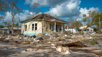 Wall Mural - Storm or hurricane damaged house exterior in tropical climate, aftermath.