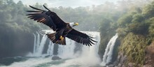 An Eagle Flies Over A Rushing Waterfall, Backdropped By Forests And Mountains