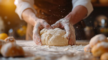 Hands Kneading Ball Of Dough, Pastry Chef Making Bread.