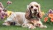 cocker spaniel on the grass among flowers