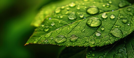 Wall Mural - Macro shot of a vibrant green leaf covered in sparkling water droplets