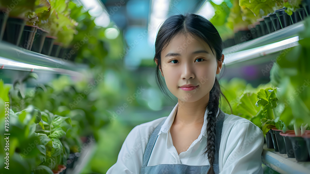 Portrait of a asian female farm owner at an indoor organic vertical ...