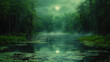 Gloomy and mysterious swamps framed by thick greenery, like a place where the ancient spirits of n