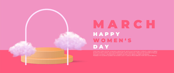 Wall Mural - 8 March. International Women's Day sales design template. Realistic 3D cylindrical podium with 8 march shaped background and cloud. Stage promotion display. Vector illustration