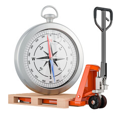 Poster - Pallet jack with compass Global shipping and logistic, concept. 3D rendering isolated on transparent background