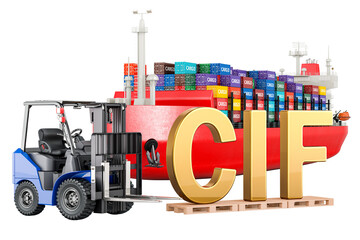 Poster - Shipping Instruction Form, concept. Cargo Container Ship with cargo containers and Forklift truck with SIF inscription, 3D rendering isolated on transparent background