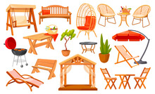 Cartoon Outdoor Furniture. Living Patio Exterior Isolated Elements, Cozy Wicker Rattan Chairs Garden Barbecue, Backyard Picnic Terrace Seat Bench And Table Neat Vector Illustration