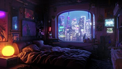 Wall Mural - Neon lights inside and outside create a harmonious ambiance in this tech-savvy space. A futuristic bedroom with an expansive window revealing a brightly lit metropolis. Seamless loop animation render