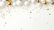 Glam new years eve white gold background balloons disco balls confetti champagne glasses copy space