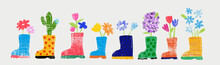 Collection Of Cute Colorful Rubber Boots With Spring Flowers Isolated On A White Background. Rubber Shoes With Flowers. Springtime. Trend Flat Design. Hand Drawn Kids Cartoon Vector Illustration.