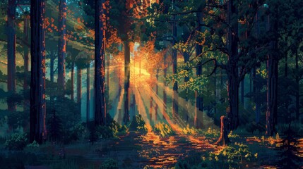 Aufkleber - A vibrant autumn sunset illuminates a tranquil grove of deciduous trees, casting a warm glow upon the natural beauty of the outdoor woodland landscape