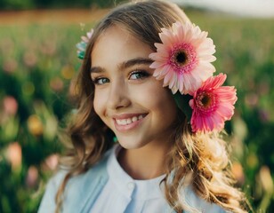 young blond girl with lots of colorful flowers in her hair as a symbol of femininity beauty and youth