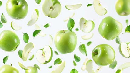 Wall Mural - Apples isolated. Levitation of ripe green apples, apple halves and slices on a white background.