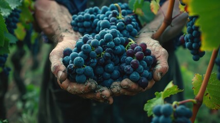 Wall Mural - Grapes harvest. Farmers hands with freshly harvested black grapes