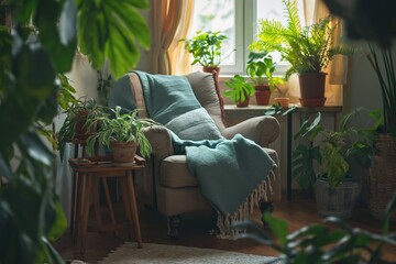 Wall Mural - A comfortable armchair draped with a knitted throw, surrounded by lush indoor plants by a window, creating a tranquil reading nook..