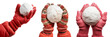 Set of different hands with snowballs close-up isolated on a white or transparent background. Snowballs in the hands in warm red and pink gloves holding round snowballs in close-up