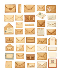 Poster - Mail letters, old retro vintage cards with stamps, documents and paper texture. Detailed graphics of envelopes and postcards for illustrations, and game design. Vector set in cartoon style isolated