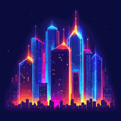 Sticker - Neon night city with high rise buildings, panoramic view. Modern metropolis with signs, lights, dark sky, reflections, blur reflexes and clouds. Midnight vibe, vector illustration for printing