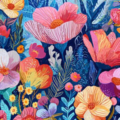Poster - oil painted flowers and plants, vibrant abstract floral pattern, tempura art print, flower maximalis