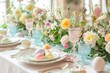 Pastel Easter table setting with floral arrangement, colored eggs, and vintage glassware