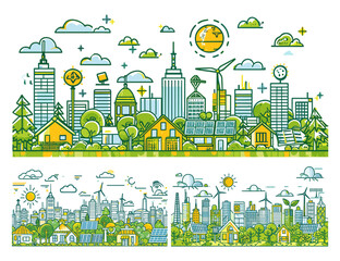 Poster - Panoramic eco city landscape illustration in line art style. Concept of green clean energy and nature, alternative sources, solar panels, wind turbines, power of the sun. Stylish vector set isolated