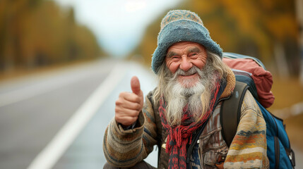 Wall Mural - Old hippie vagabond man hitch hiking on side of the road, showing thumbs up with his right hand.