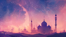 Ramadan Card Kopi Space Beautiful Pink Sunset And Mosque With Place For Text