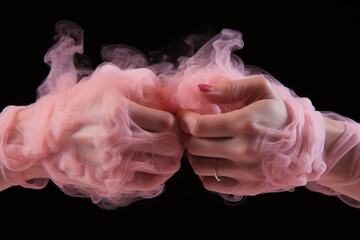 Two female hands connect in puffs of pink smoke on a black background. Generated by artificial intelligence