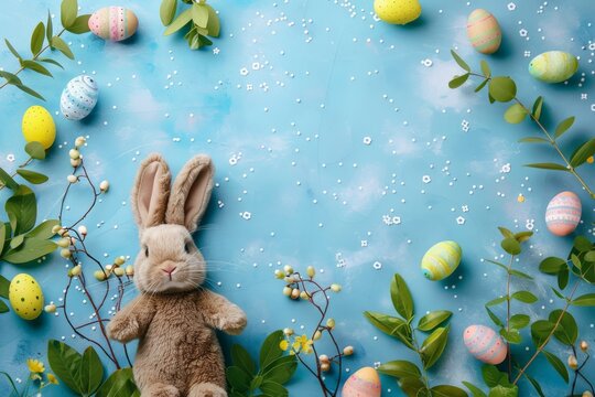 Happy Easter Eggs Basket easter banners. Bunny in huggable plush flower Garden. Cute 3d eye catching easter rabbit illustration. Easter inspirational card card wallpaper optimistic