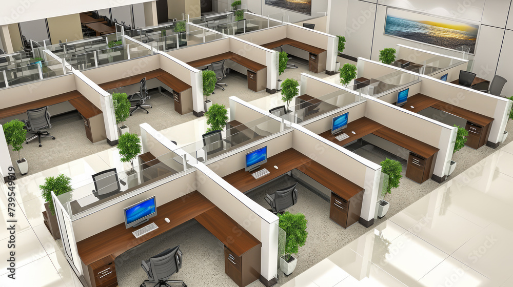 Cubicle office layout with partitioned desks and decorative green ...