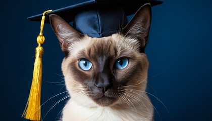 Wall Mural - Beautiful Siamese cat wearing a graduate black hat on dark blue background with copy space. Education and back to school concept.