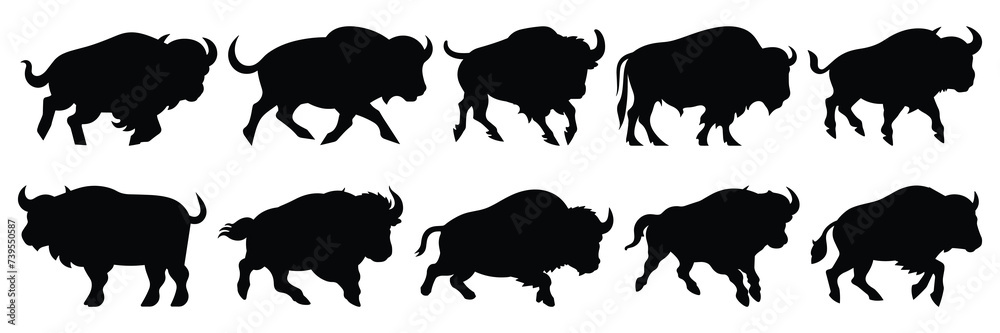 Bison buffalo silhouettes set, large pack of vector silhouette design ...