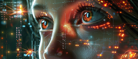 Wall Mural - Woman face in world of digital data, abstract network information background for cyber security theme. Concept of ai, computer technology, future, spy, code, hacker, hack, fraud