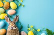 Happy Easter Eggs Basket sunrise service. Bunny in wish flower Garden. Cute 3d Seasonal bloom easter rabbit illustration. Easter Electric blue card wallpaper easter lawn decorations