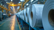Newspaper printing rolls of paper inside a warehouse.